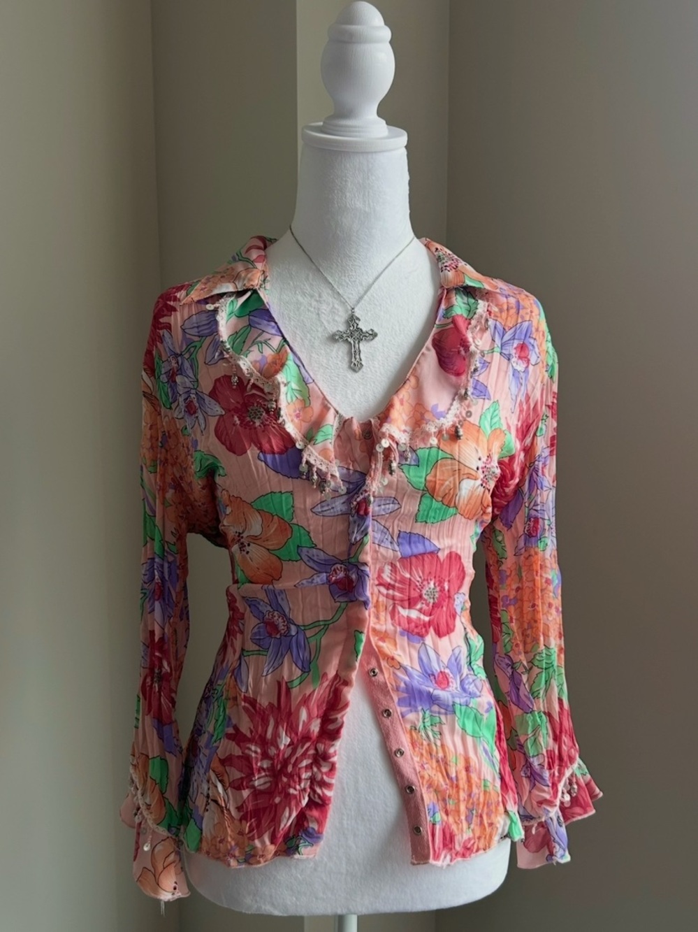 2000's Floral Pink Beaded Button-Front Blouse